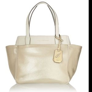 Diane von Furstenberg DVF OnThe Go Tote Shoulder Bag Raffia Satchel Leather Gold